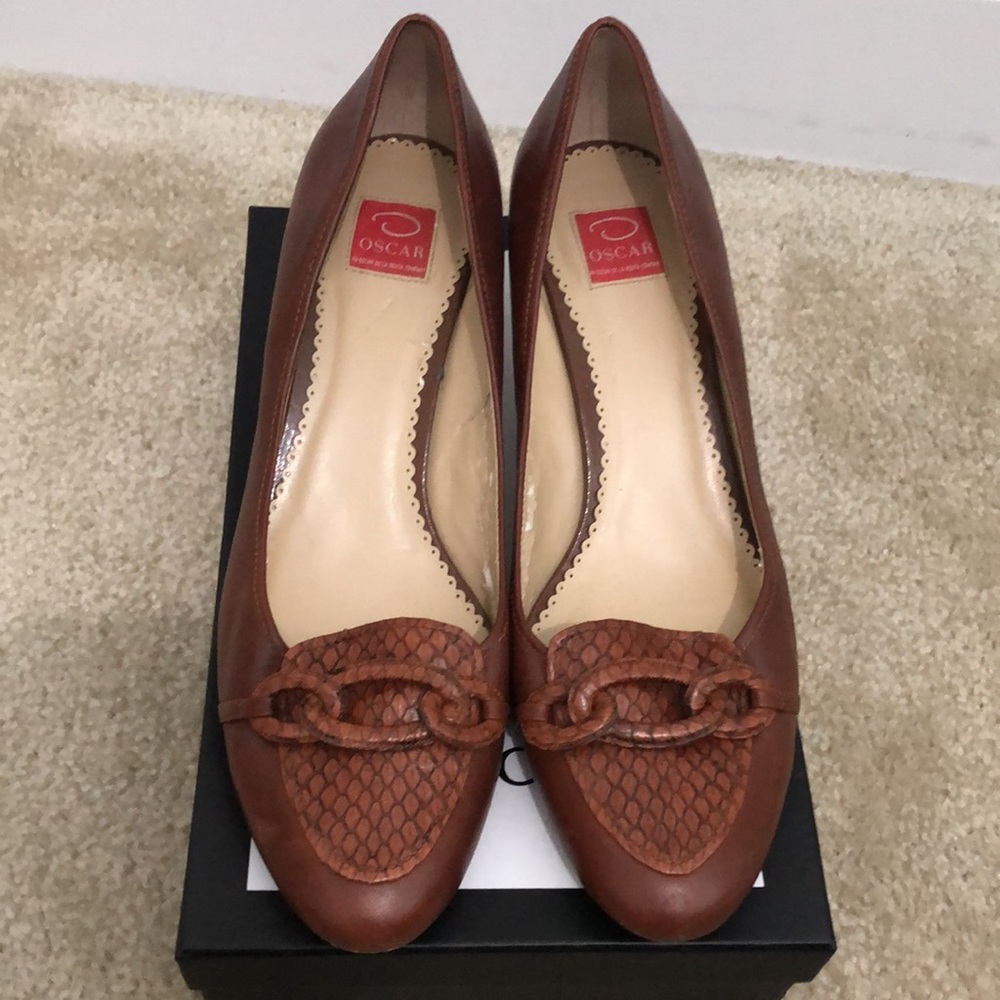 Oscar de la Renta Kitten Heels in Leather Cognac. GUC. Sz 10 - Picture 8 of 12